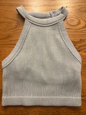 Ribbed High-Neck Crop Tank - Light Gray